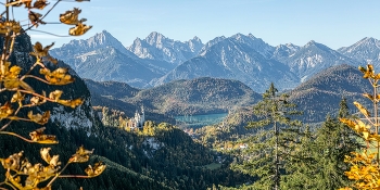 Bergkulisse / Blick beim Aufstieg zum Tegelberg auf Neuschwanstein und die Alpen