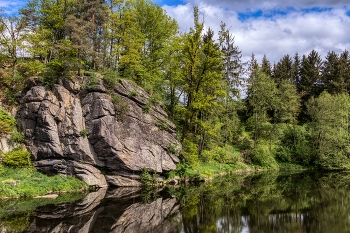  / bewachsener Kletterfelsen spiegelt sich im Fluss
