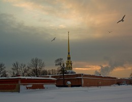 Peter und Paul-Festung am Ende einem Tag des Winters ... / ***