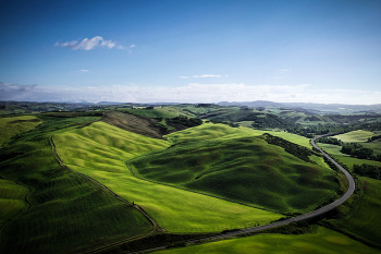Val D’Orcia Tuscany / Aerial view of the Val D'Orcia in Tuscany in the early morning.