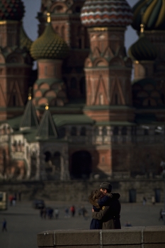 From Russia With Love / Romantic reunion between a Russian Soldier and his girlfriend in Moscow's Red Square with The Cathedral of Vasily the Blessed (Saint Basil's Cathedral) in the background.
One service a year is held in the Cathedral, on the Day of Intercession in October.
https://travelnotes.org/pics/Europe/02-From_Russia_With_Love.htm