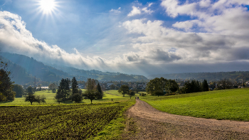 Nebelwand / eine Nebelwand wälzt sich auf den Ort