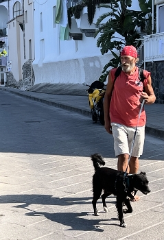 Walking a dog / A man walks a dog on the street of a smalll town in Italy