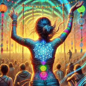 Awakening Frequencies / A dancer illuminated with glowing sacred patterns and radiant chakras, lost in the collective energy of a festival beneath a starlit sky.