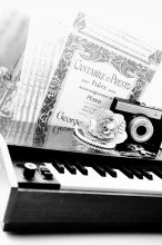 Mix / retro, old camera, child's piano