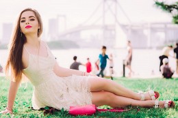 Hot summer / Beautiful girl on the beach, Odaiba Island, Tokyo, Japan