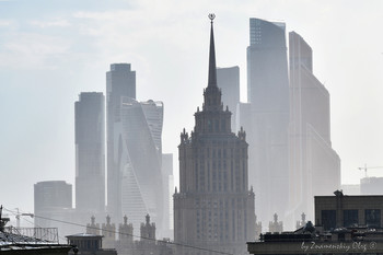 &nbsp; / Moscow skyline. Stalinist skyscraper on the background of the Moscow City business centre