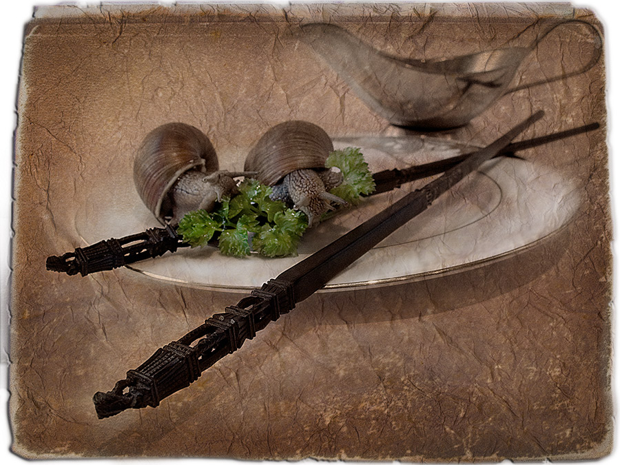 Натюрморт с двумя голодными улитками и двумя китайскими палочками.