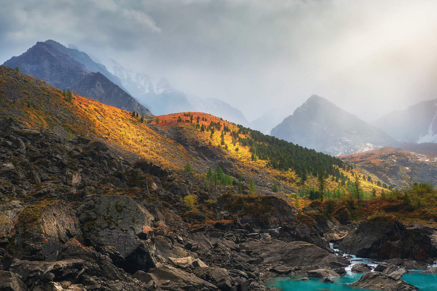 Начало осени на Алтае. Шавлинские озера в переменчивую погоду.