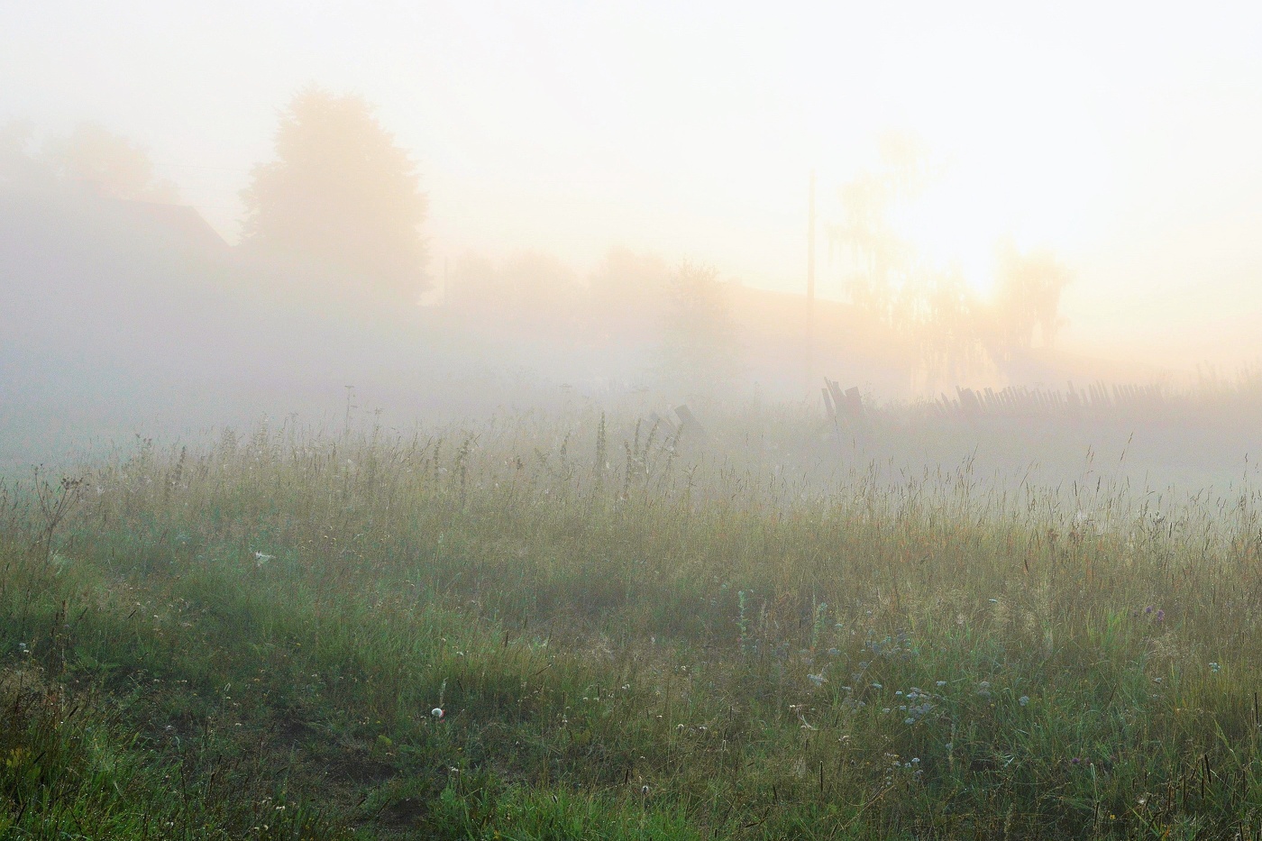 "Зарей рассвет открыл в день двери, по всей деревне утренний туман..."