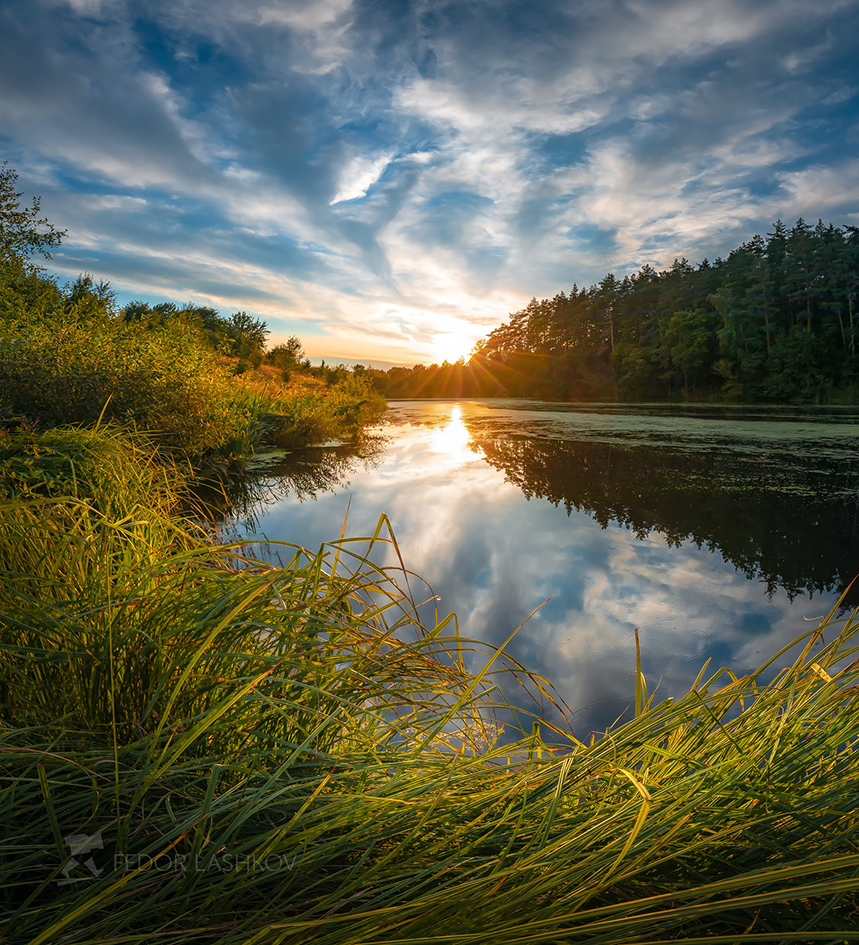 Осенний закат на берегу пруда