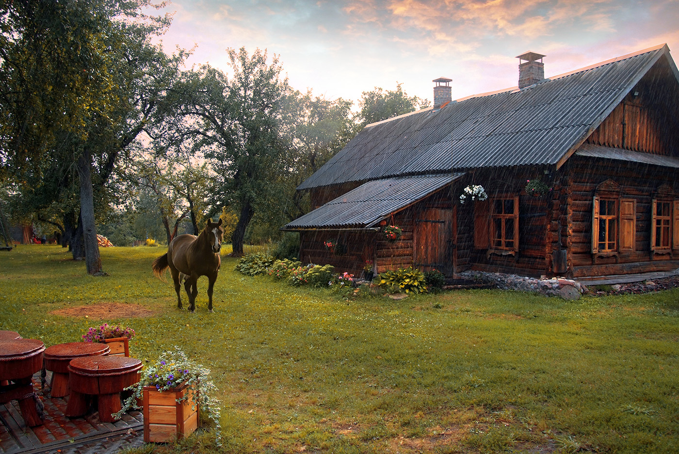 В тёплый дождик.