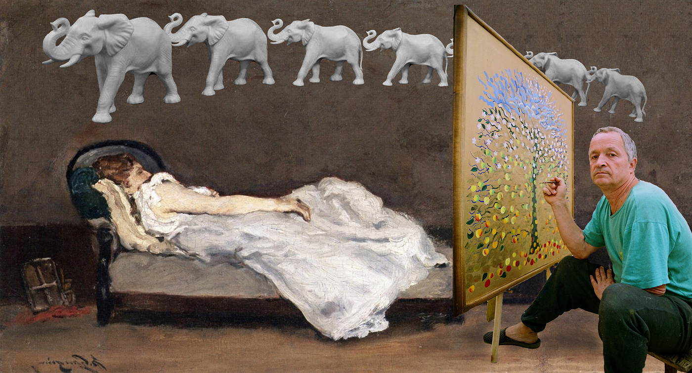 Оммаж ,, Художник Поддубный пишущий картину о Рае и семь слонов проплывающих мимо."