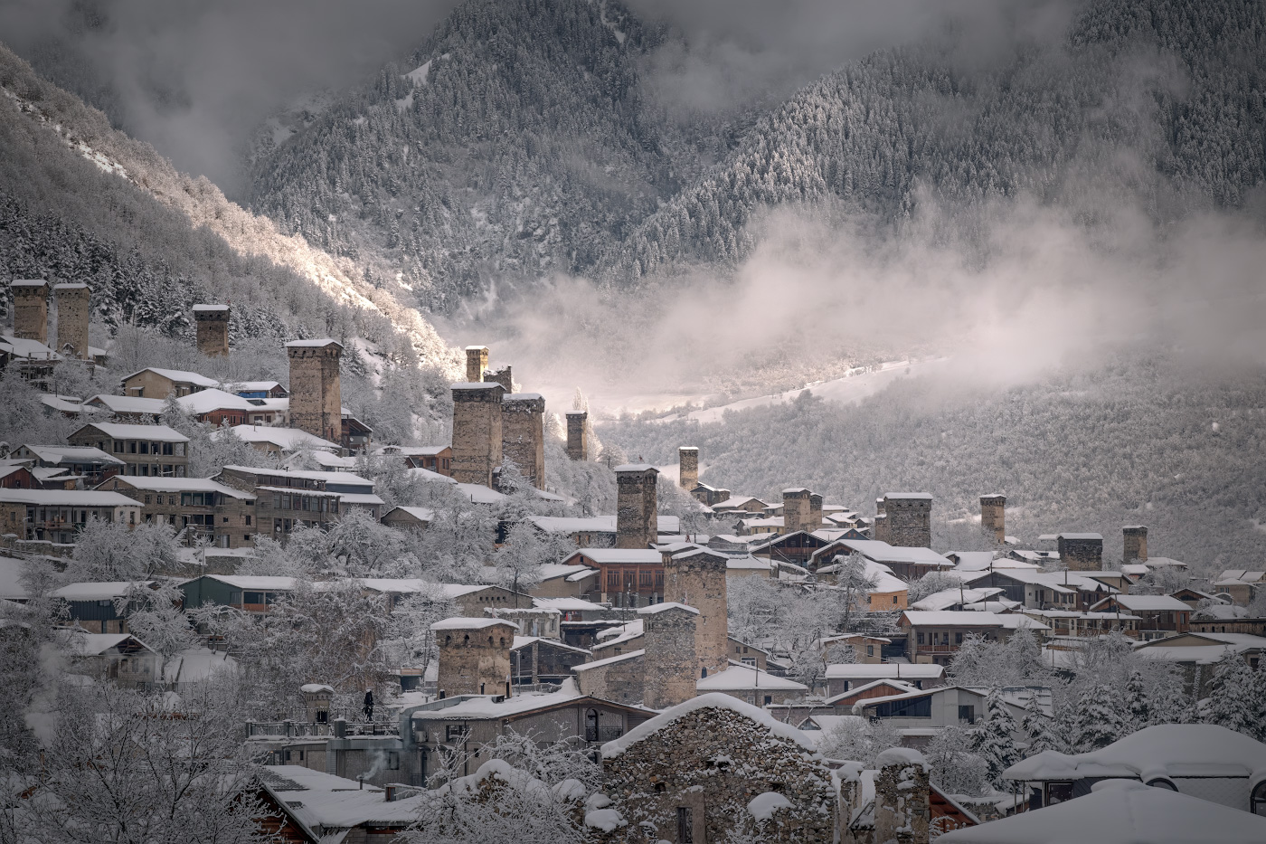 Mestia Towers After Snowfall