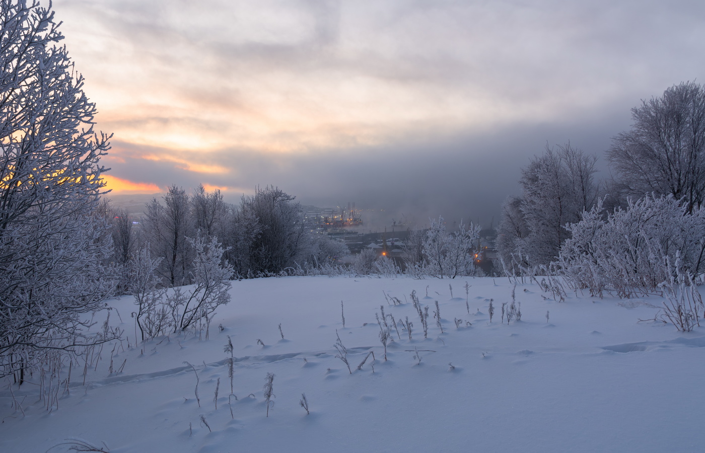 портовые огни за морозным туманом