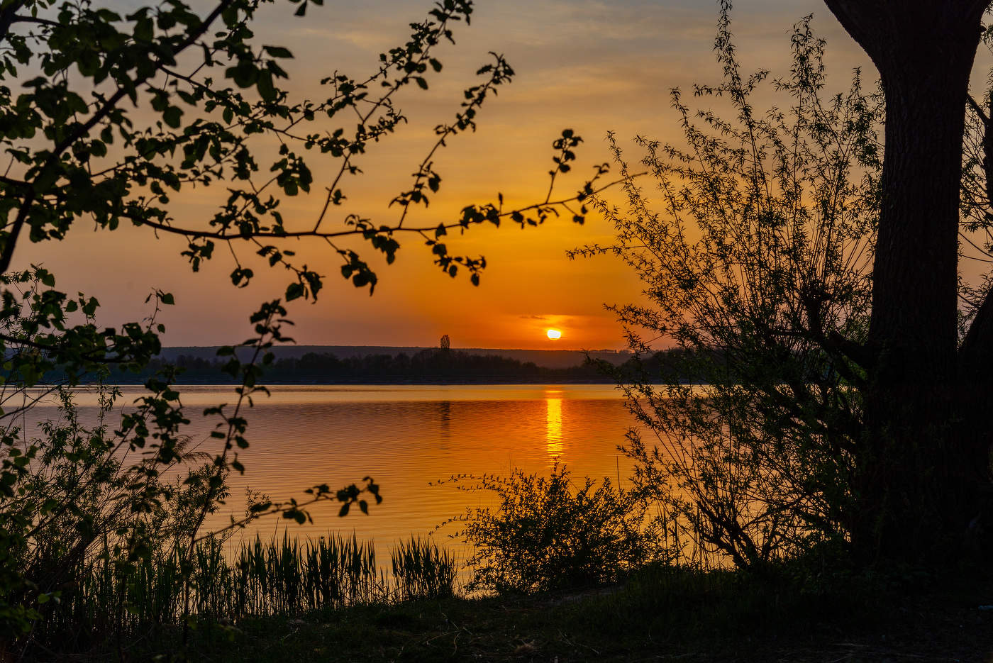 Опускается закат над озером.