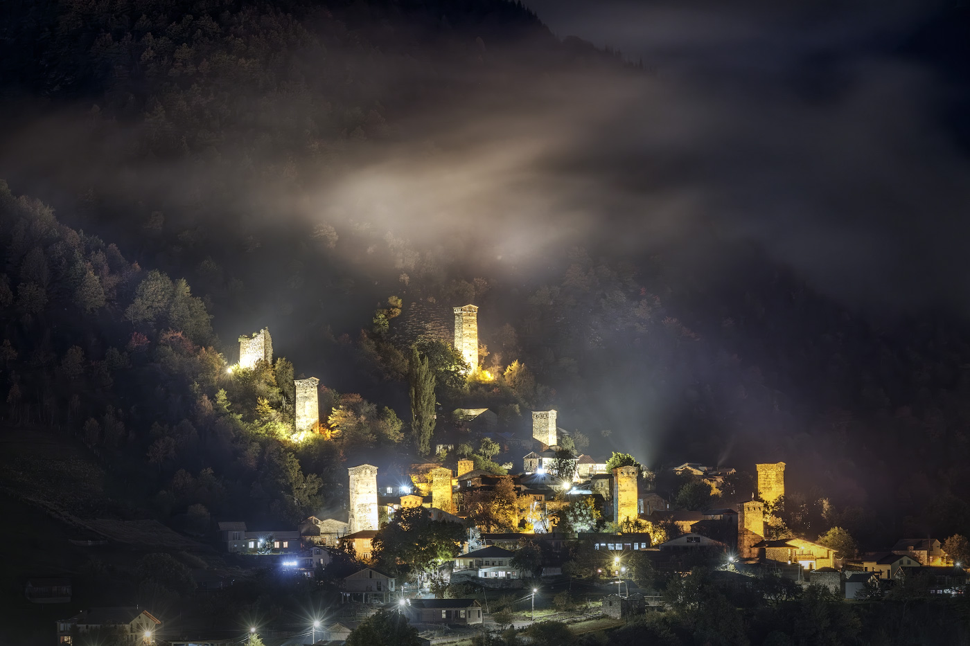 Mestia Towers In Autumn Nigh
