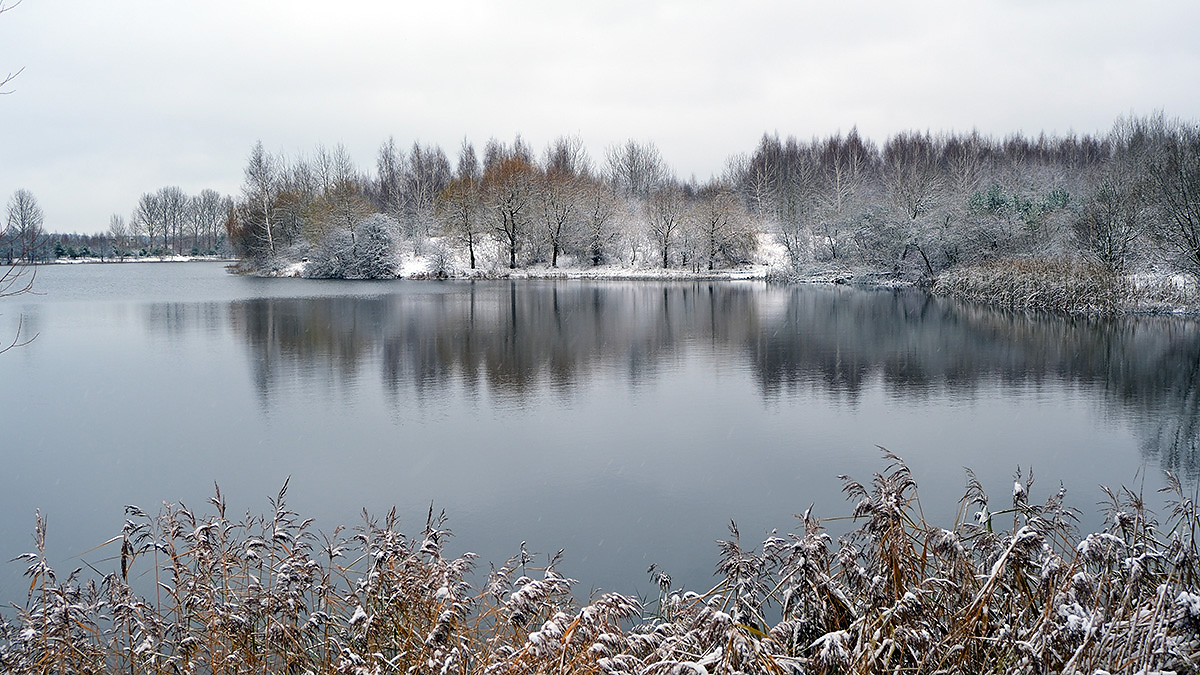 Первый снег. Озеро.