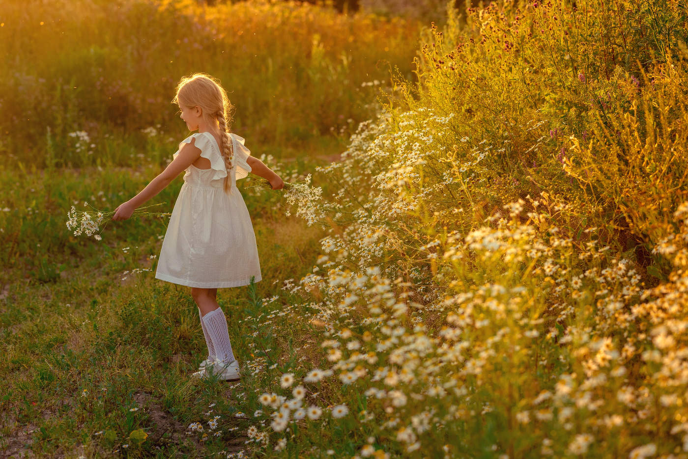 Юля в поле с ромашками