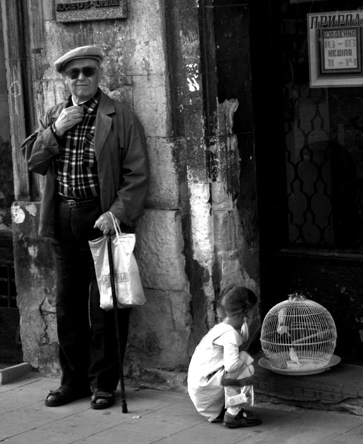 Дедушка, девочка, канарейки