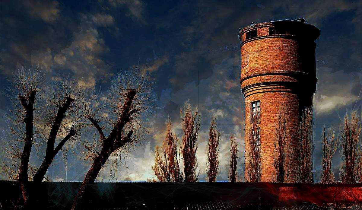 облака, деревья, башня