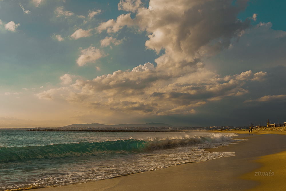 облака, волны, берег