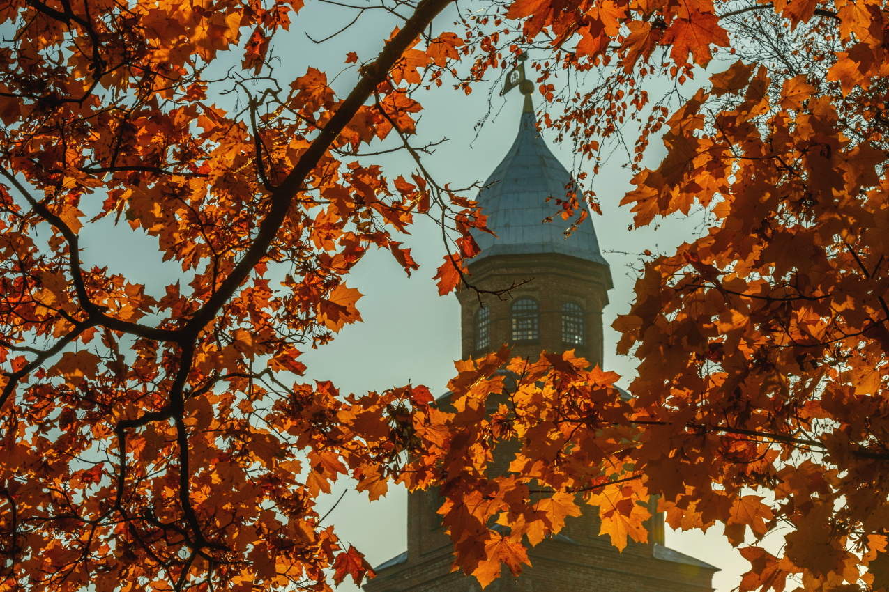 Башня Кокуй в контражуре на рассвете.