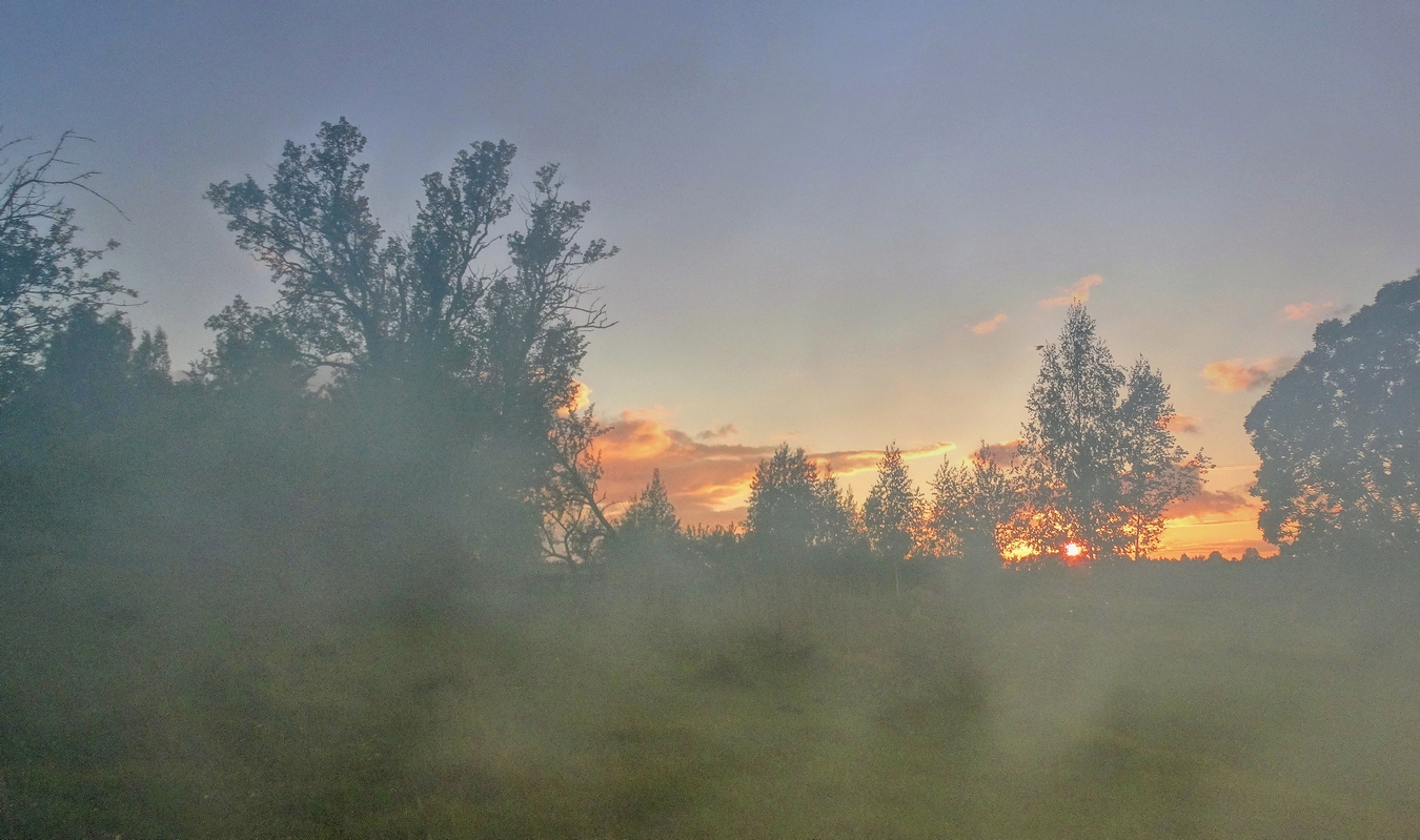 Вечерняя заря в тумане