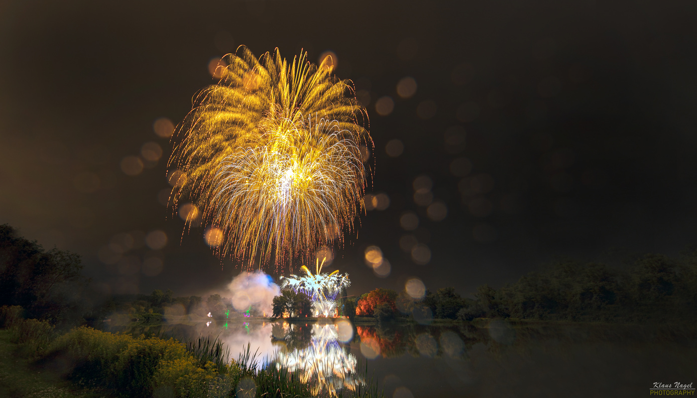 Castle Spectacle with fireworks, with raindrops on the lens!