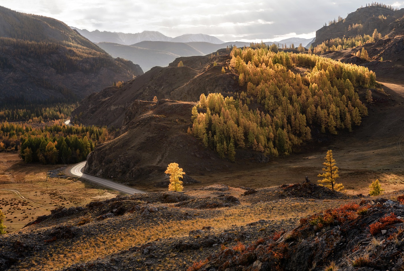 В лучах заходящего солнца.