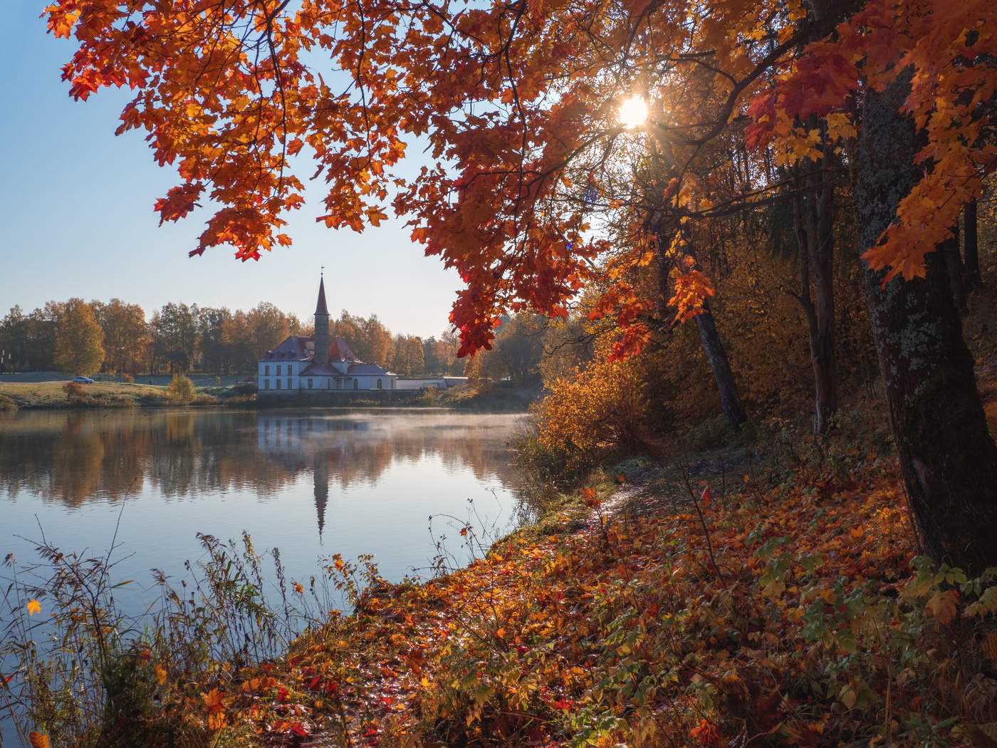 Autumn landscape with the Priory Palace. Gatchina. Russia.