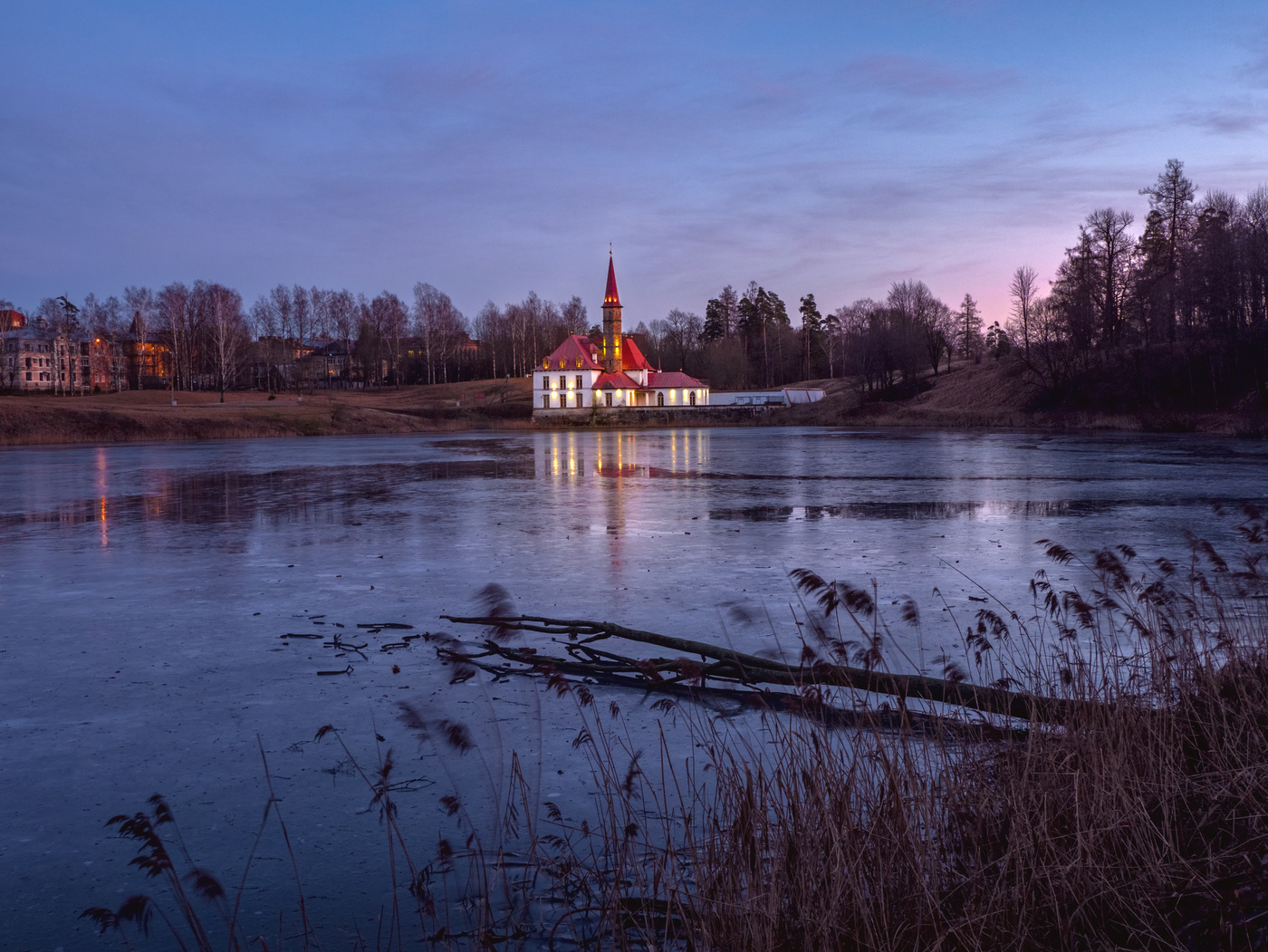 Purple sunset at the Priory Park. The ancient city of Gatchina. January 2020.