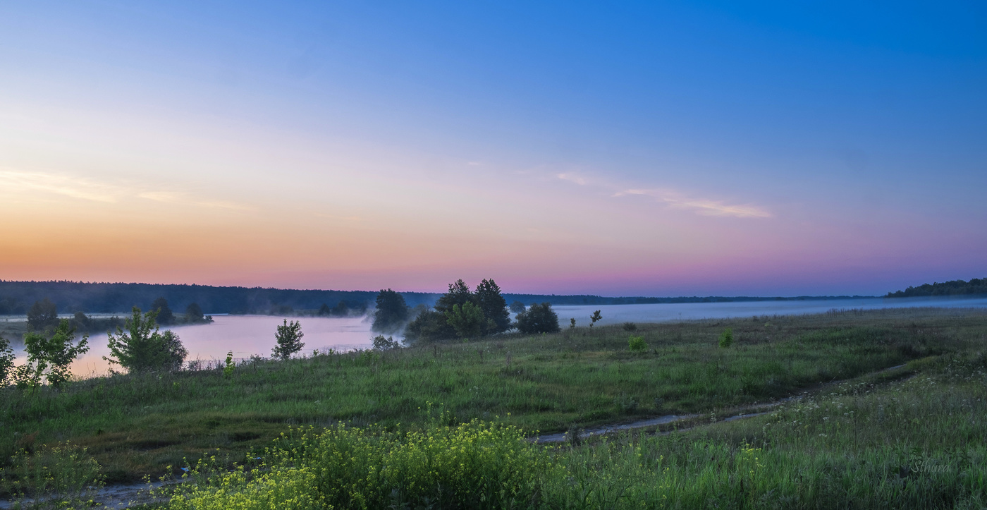Туман на озере и в поле.