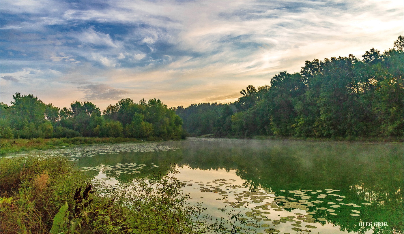Над озером туман,трава в росе...
