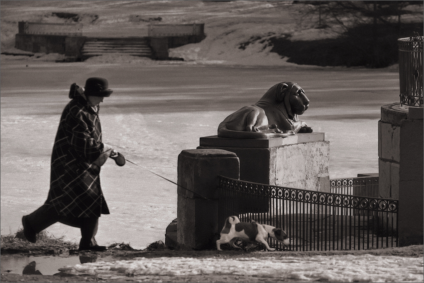 Дама с собачкой, проходящая мимо льва.